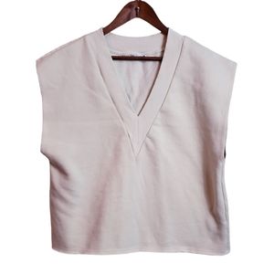 ZARA Sweatshirt V Neck Raw Short Sleeves Medium Cream Used